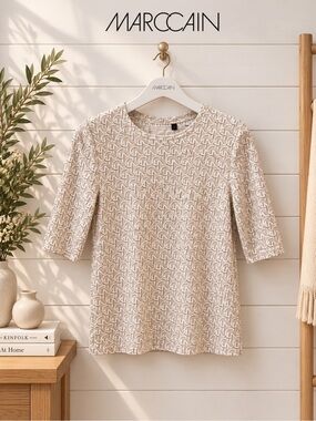 MARC CAIN Beige Monogram Short Sleeve Top Size N1/34